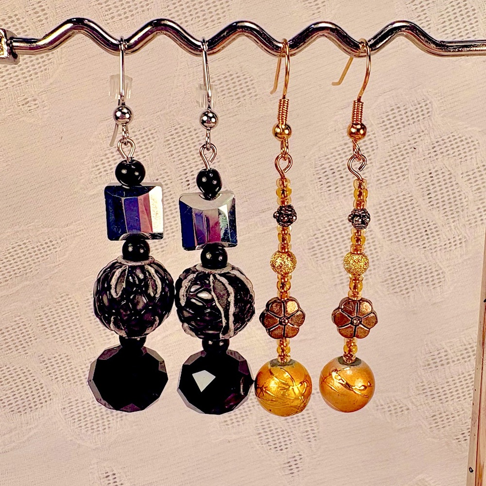 Earrings Pierced Handcrafted Unique Design Faux Snakeskin+Mirrors & Gold Beads